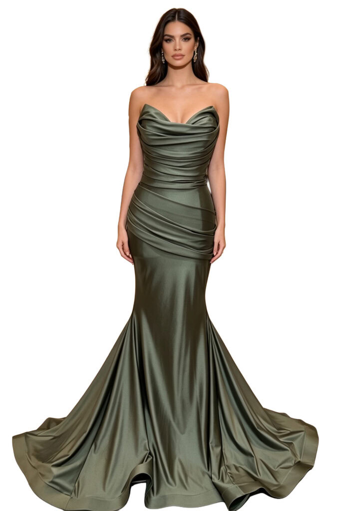 A woman wearing a strapless olive green fishtail gown.