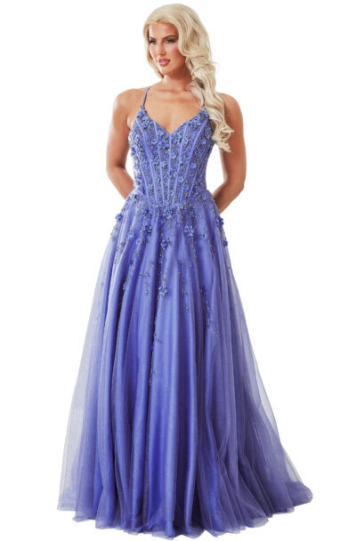 A woman in a periwinkle floral appliqué evening gown.