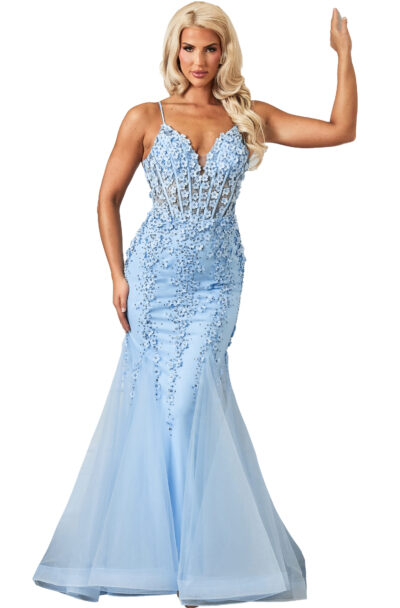A blonde woman in a light blue floral evening gown.