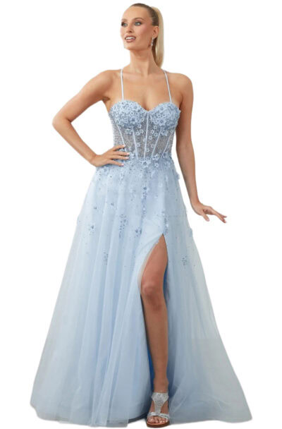 A woman models a light blue floral corset gown.
