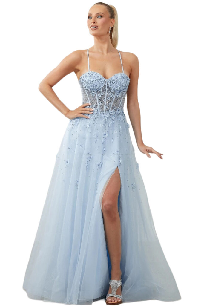 A woman models a light blue floral corset gown.