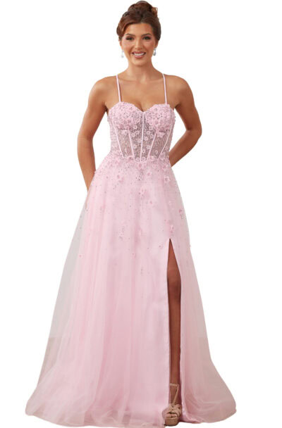 A woman wearing a pink embellished corset-style evening gown.