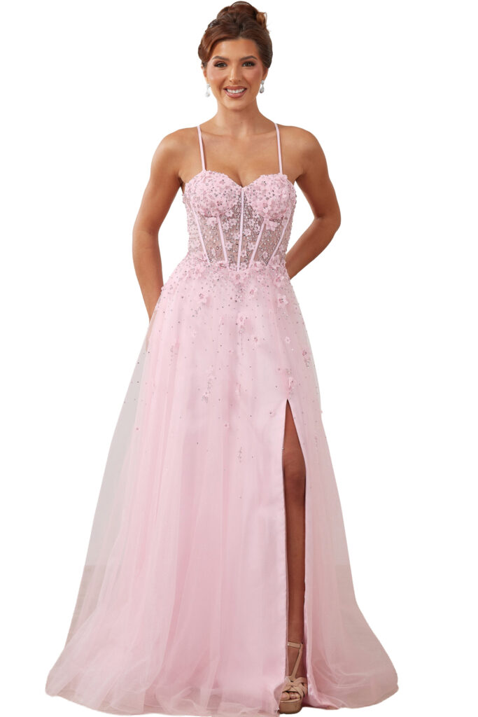 A woman wearing a pink embellished corset-style evening gown.