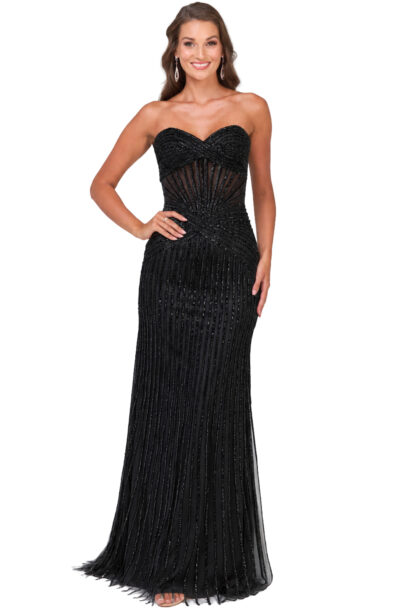 A woman models a black strapless beaded evening gown.