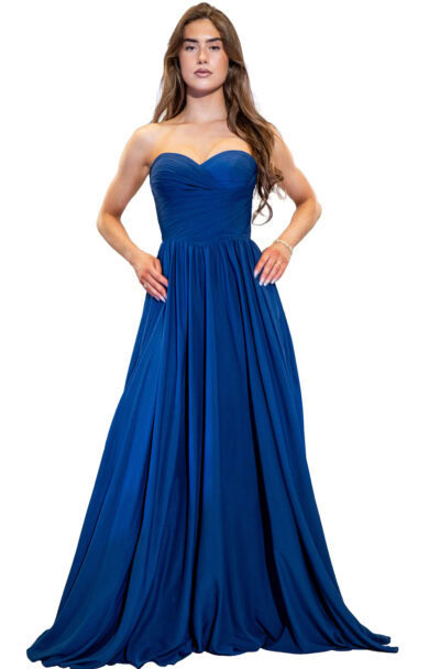 Woman wearing a floor-length royal blue strapless evening gown.