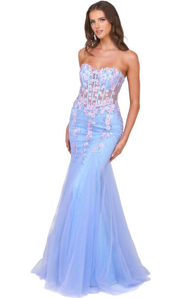 Woman wearing a light blue floral embellished mermaid gown.