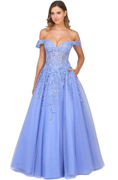 Woman in an embroidered off-the-shoulder periwinkle blue ball gown.