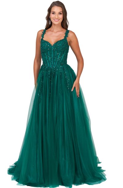 Woman modelling a sparkly emerald green full-length formal gown.