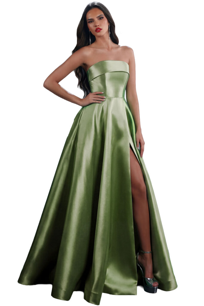 Woman posing in a strapless green satin evening gown.