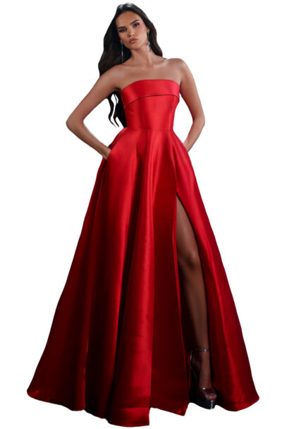 Woman in strapless red satin gown with thigh-high slit.