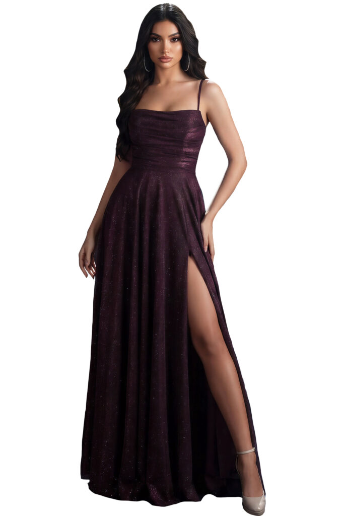 Woman in a sparkly purple gown with a high slit.