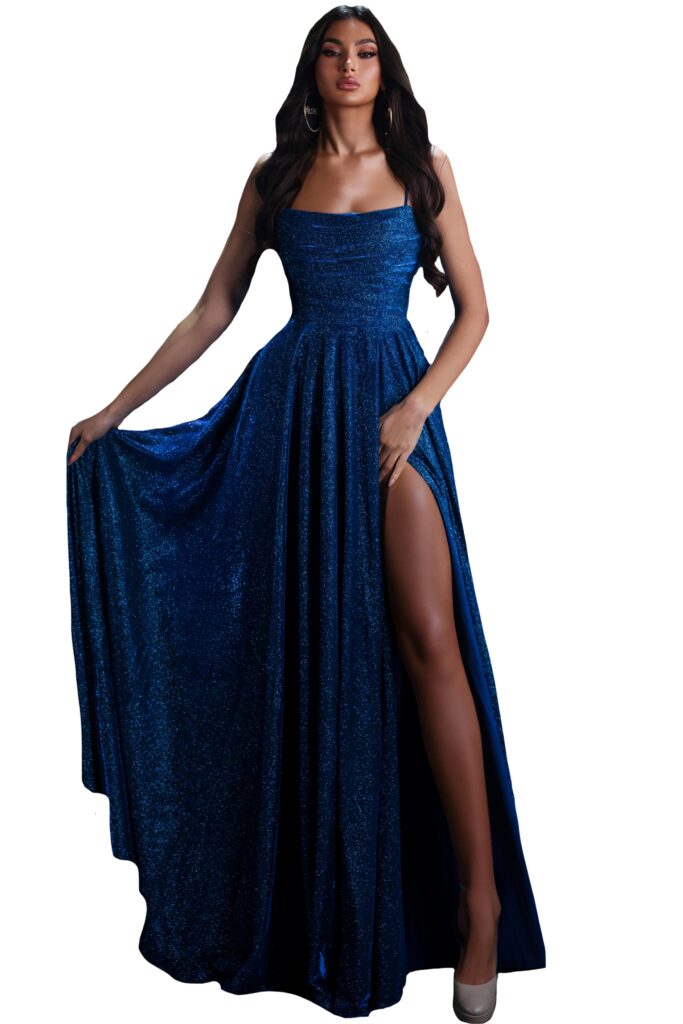 A woman in a sparkly blue evening gown.