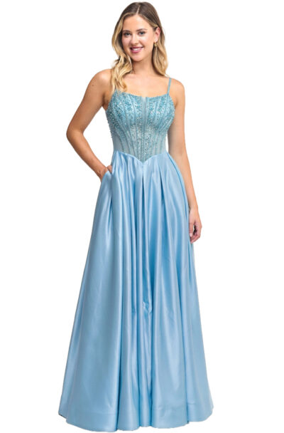 Model in a light blue satin gown with beaded bodice.