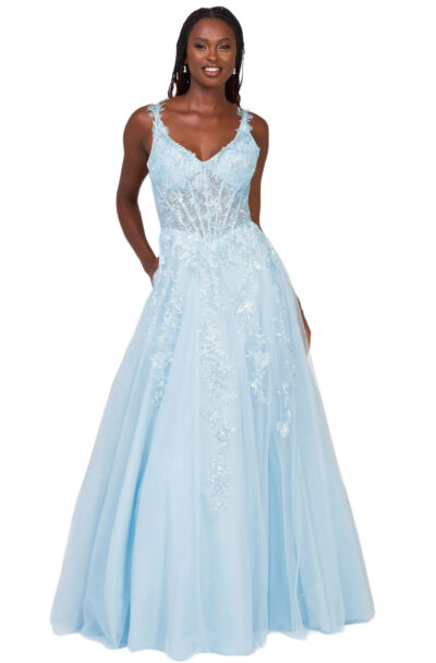 A woman wearing a light blue lace detail ball gown.