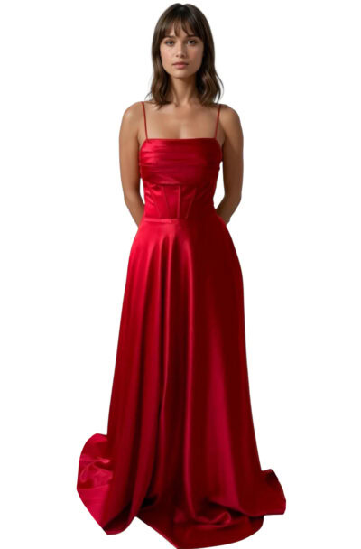 A woman wearing a long, red satin corset-style gown.
