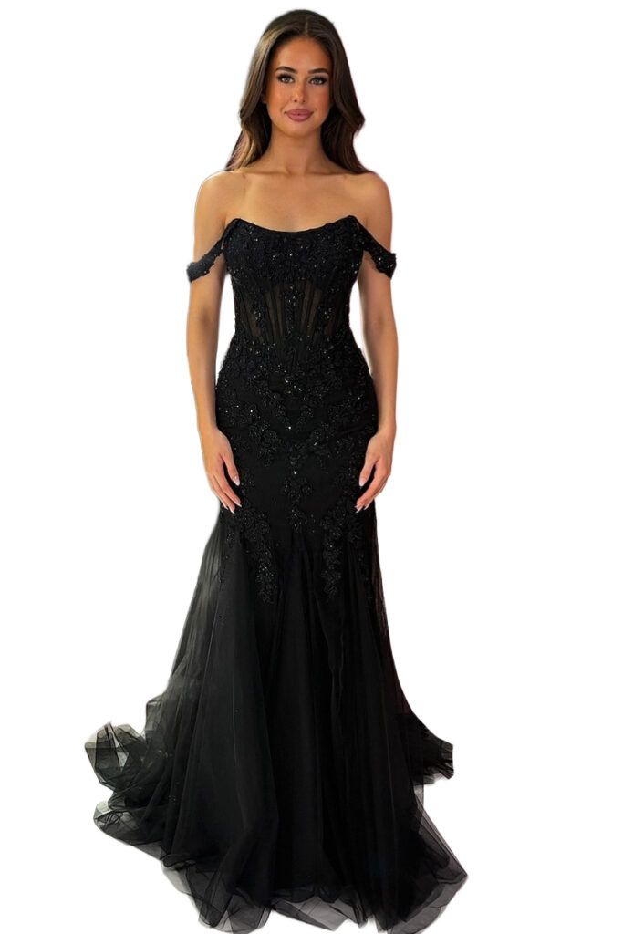 A woman wearing a black off-the-shoulder beaded mermaid gown.