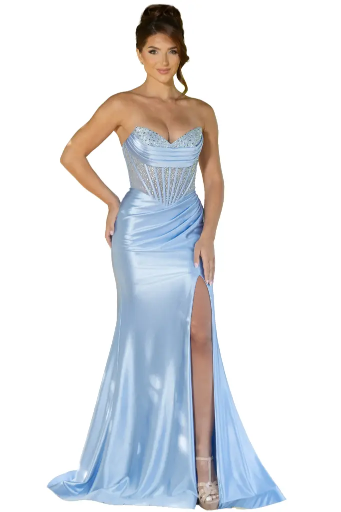 A woman in a light blue satin evening gown.