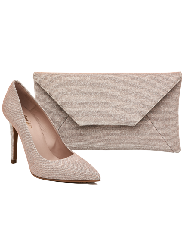 Nude high heels and matching clutch bag for formal occasions.